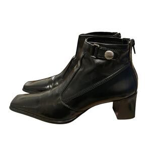 Anthropologie Womans 7.5 LUXURY Leather Square Toe Ankle Boots Stack Heel Black